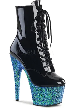 ADORE-1020LG [Black Pat/Blue Glitter] | PLATFORM BOOTS [PREORDER]