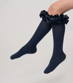 Caramelo Kids Navy Ruffle Ribbon Knee High Socks